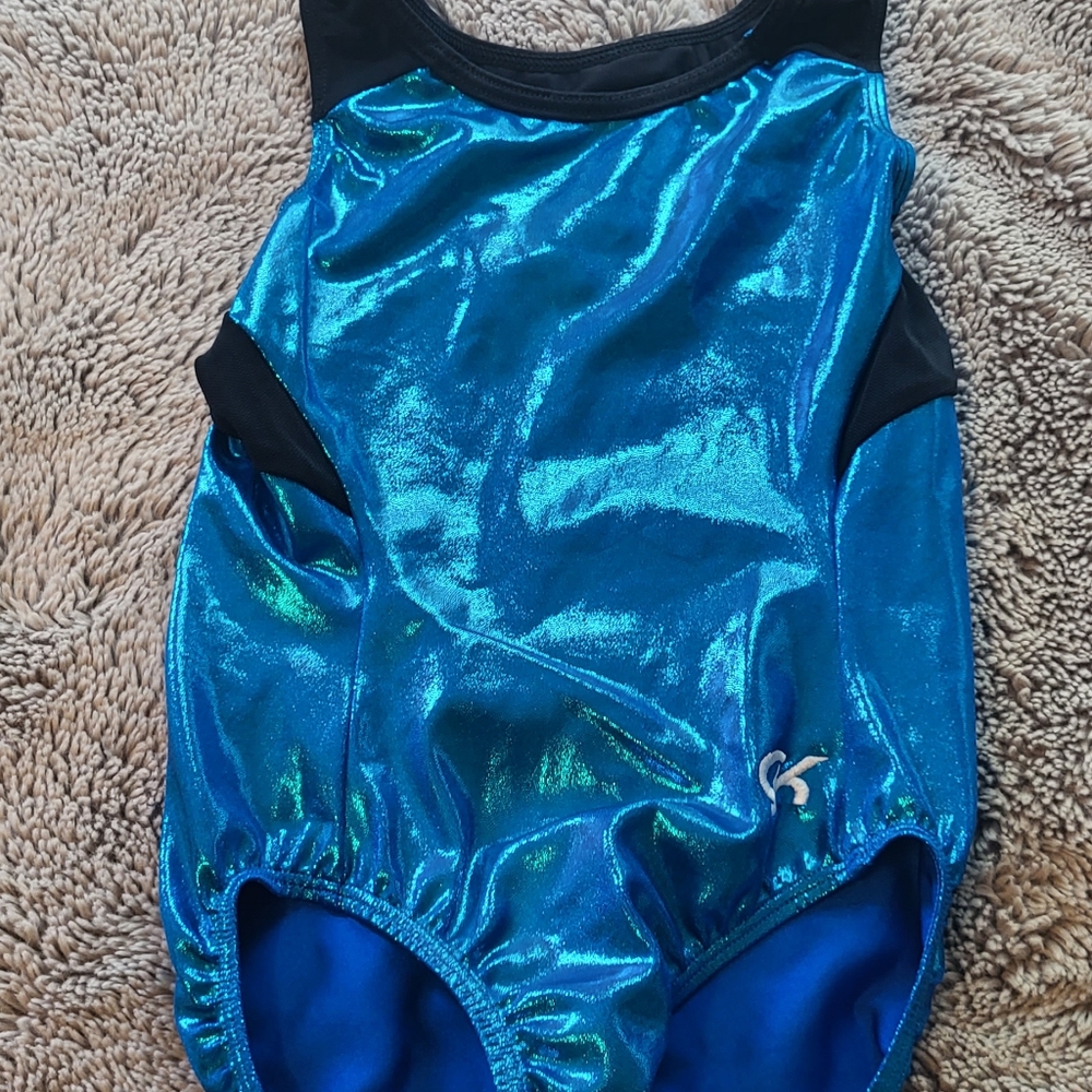 GK adult medium metallic blue black gymnastics leotard .  Size AM.  Adult medium